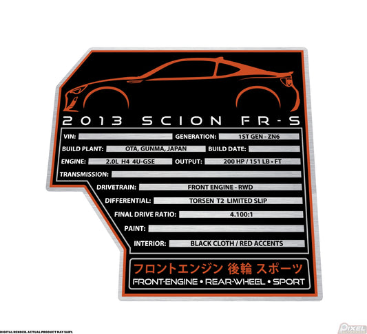 2013 SCION FRS Engine Bay Build Plaque