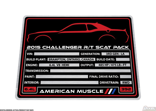 2015 DODGE CHALLENGER R/T SCAT PACK Engine Bay Build Plaque