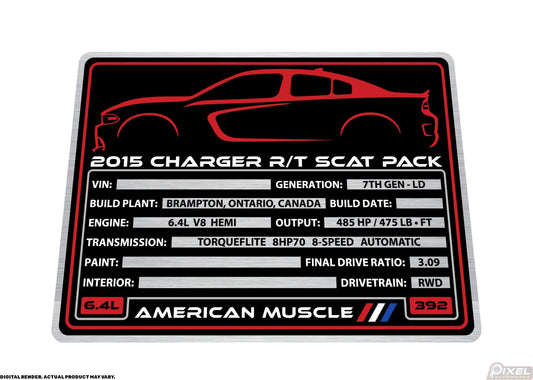 2015 DODGE CHARGER R/T SCAT PACK Engine Bay Build Plaque