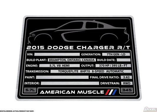 2015 DODGE CHARGER R/T Engine Bay Build Plaque