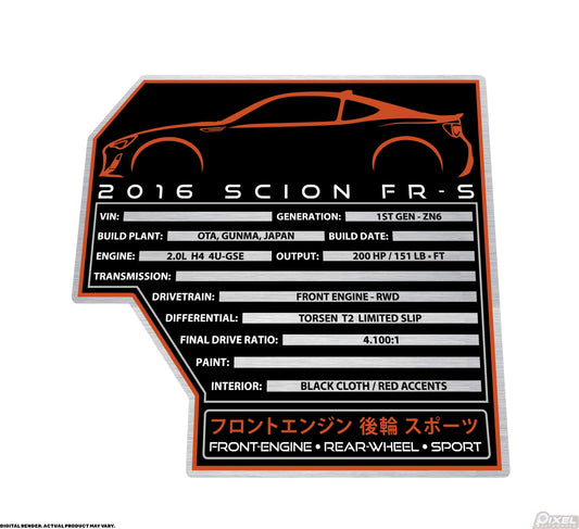 2016 SCION FRS Engine Bay Build Plaque