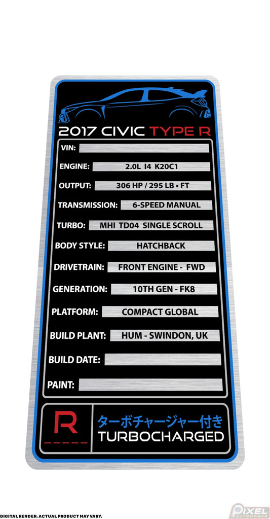 2017 HONDA CIVIC TYPE R Engine Bay Build Plaque