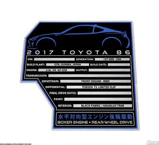 2017 TOYOTA 86 Engine Bay Build Plaque
