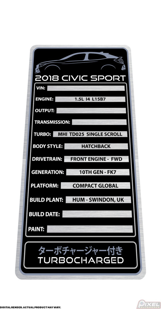 2018 HONDA CIVIC SPORT HATCHBACK Engine Bay Build Plaque