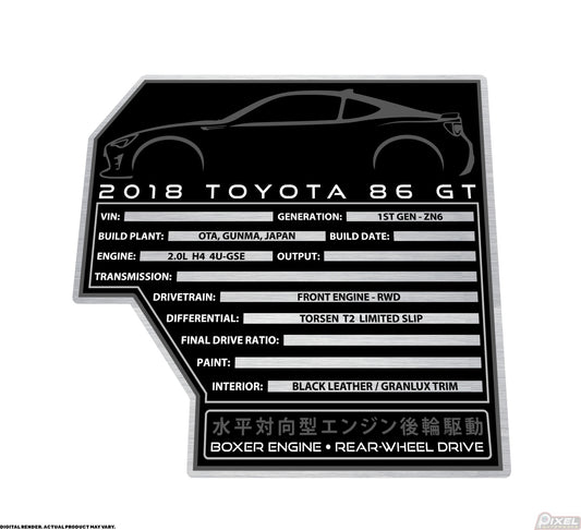2018 TOYOTA 86 GT Engine Bay Build Plaque