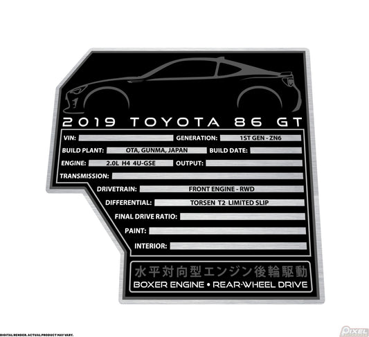2019 TOYOTA 86 GT Engine Bay Build Plaque