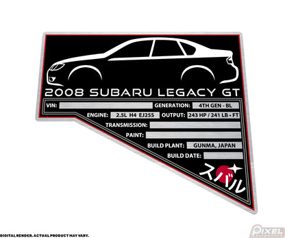 2008 SUBARU LEGACY GT Engine Bay Build Plaque