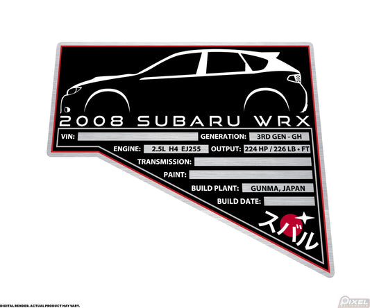 2008 SUBARU WRX HATCHBACK Engine Bay Build Plaque