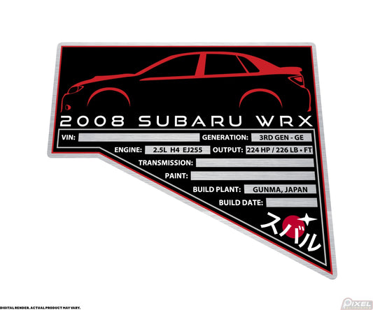 2008 SUBARU WRX Engine Bay Build Plaque