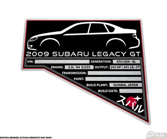 2009 SUBARU LEGACY GT Engine Bay Build Plaque