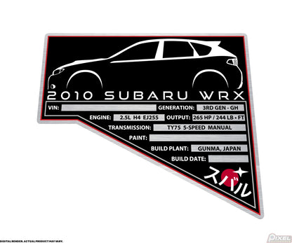 2010 SUBARU WRX HATCHBACK Engine Bay Build Plaque