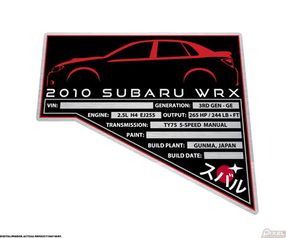 2010 SUBARU WRX Engine Bay Build Plaque