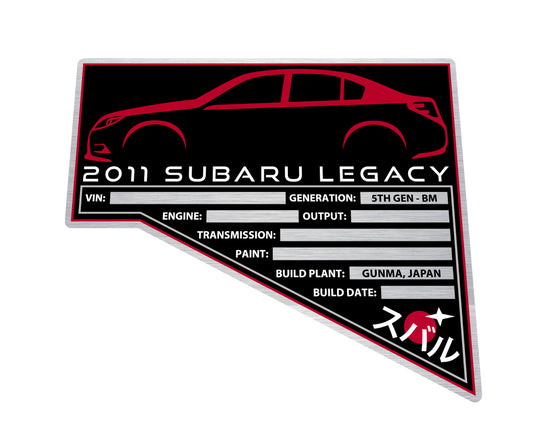 2011 SUBARU LEGACY Engine Bay Build Plaque