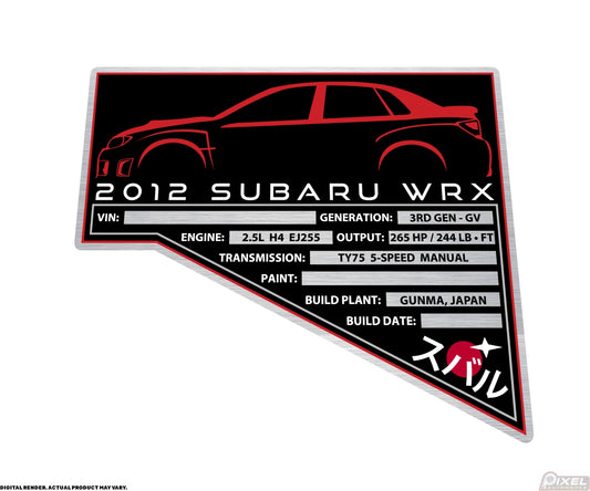 2012 SUBARU WRX Engine Bay Build Plaque