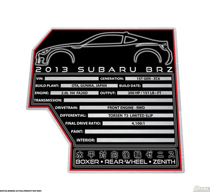 2013 SUBARU BRZ Engine Bay Build Plaque