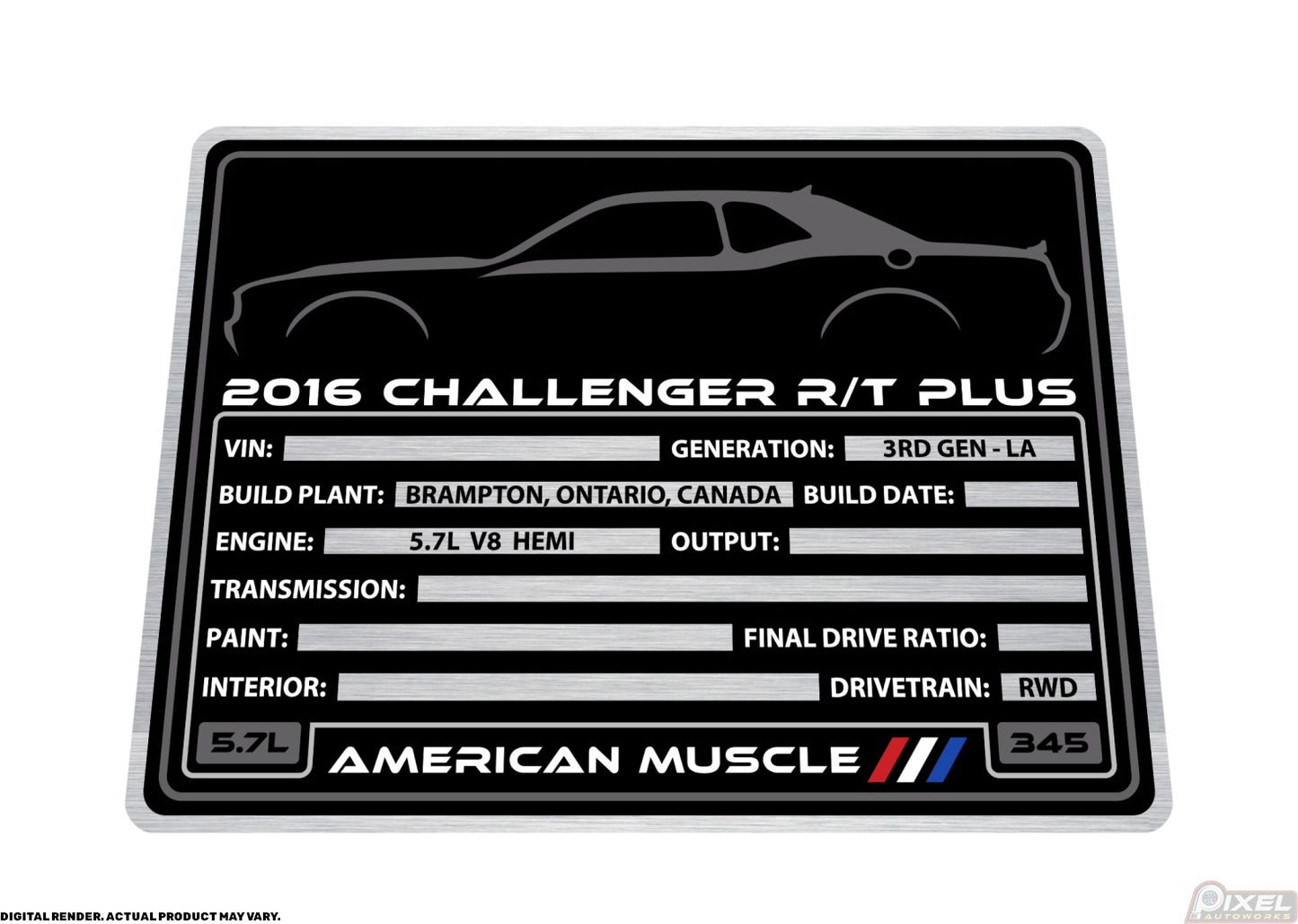 2016 DODGE CHALLENGER R/T PLUS Engine Bay Build Plaque