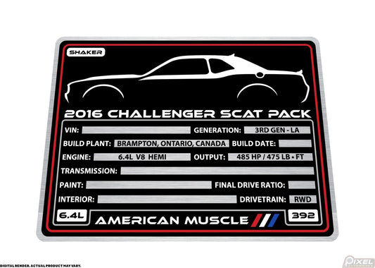 2016 DODGE CHALLENGER SCAT PACK SHAKER Engine Bay Build Plaque