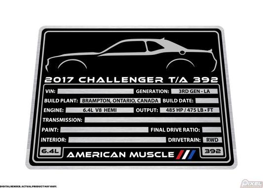 2017 DODGE CHALLENGER T/A 392 Engine Bay Build Plaque