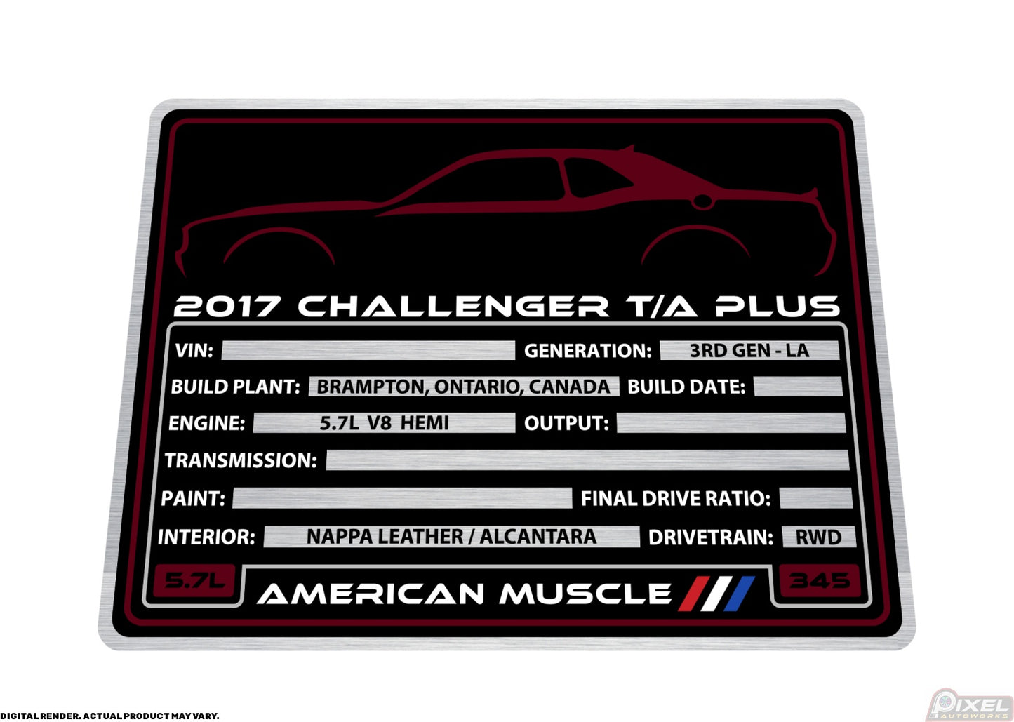 2017 DODGE CHALLENGER T/A PLUS Engine Bay Build Plaque