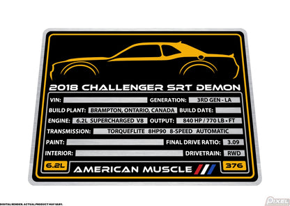 2018 DODGE CHALLENGER SRT DEMON Engine Bay Build Plaque