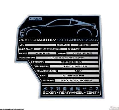 2018 SUBARU BRZ 50TH ANNIVERSARY Engine Bay Build Plaque