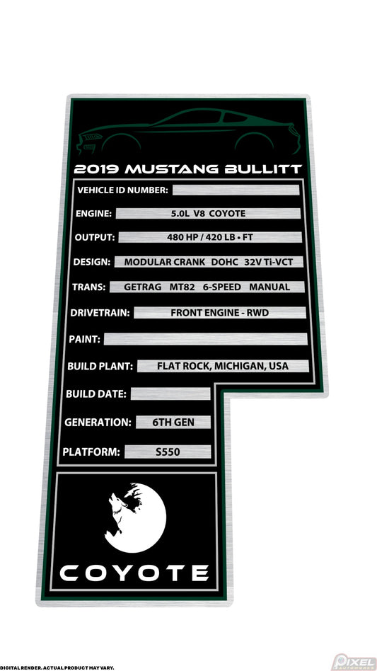 2019 FORD MUSTANG BULLITT Engine Bay Build Plaque