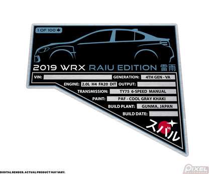 2019 SUBARU WRX RAIU EDITION Engine Bay Build Plaque