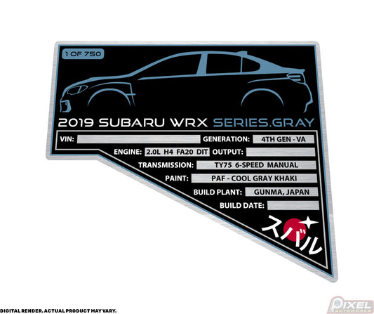 2019 SUBARU WRX SERIES.GRAY Engine Bay Build Plaque