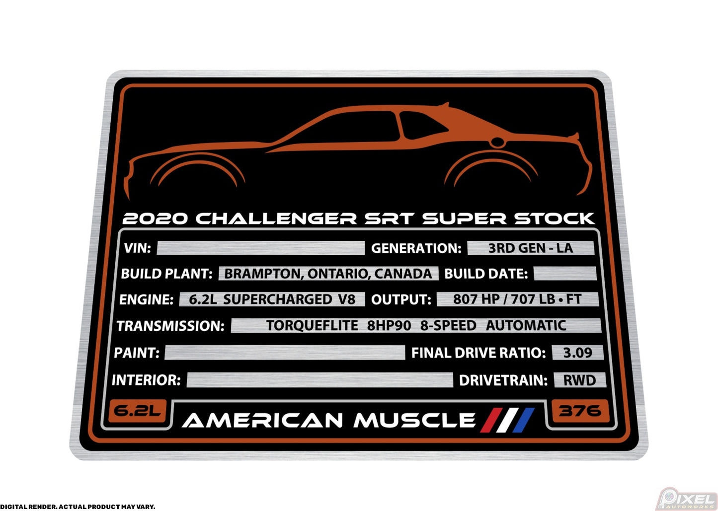 2020 DODGE CHALLENGER SRT SUPER STOCK Engine Bay Build Plaque