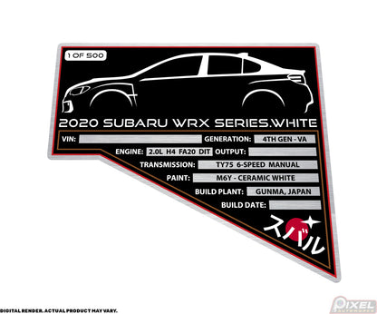 2020 SUBARU WRX SERIES.WHITE Engine Bay Build Plaque