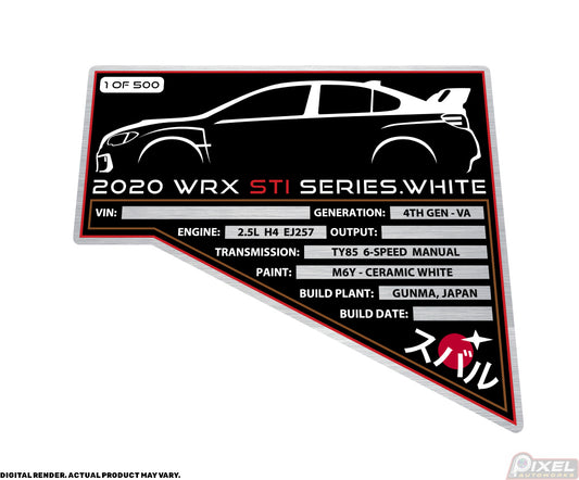 2020 SUBARU WRX STI SERIES.WHITE Engine Bay Build Plaque