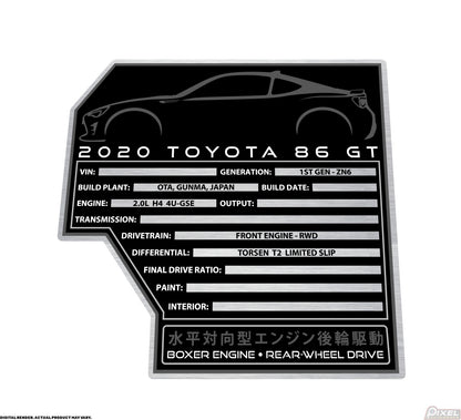 2020 TOYOTA 86 GT Engine Bay Build Plaque