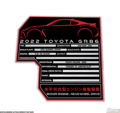 2022 TOYOTA GR86 Engine Bay Build Plaque