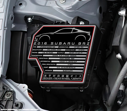 2014 SUBARU BRZ Engine Bay Build Plaque